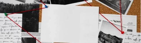 Documents on a bulletin board with yarn showing connections