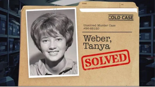 Folder showing a black and white photo of Tanya Weber with a stamp saying "Solved" on it
